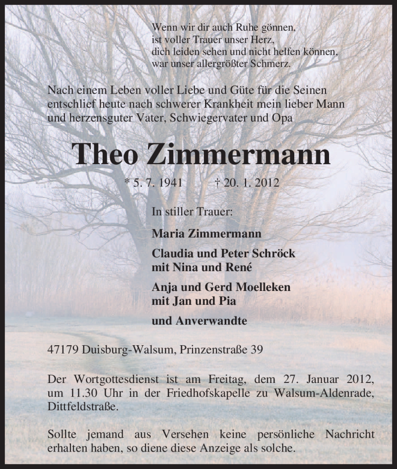  Traueranzeige für Theo Zimmermann vom 23.01.2012 aus Tageszeitung