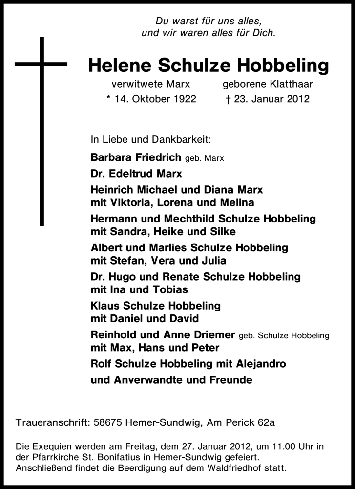  Traueranzeige für Helene Schulze Hobbeling vom 25.01.2012 aus Tageszeitung