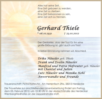 Traueranzeige von Gerhard Thiele von Tageszeitung