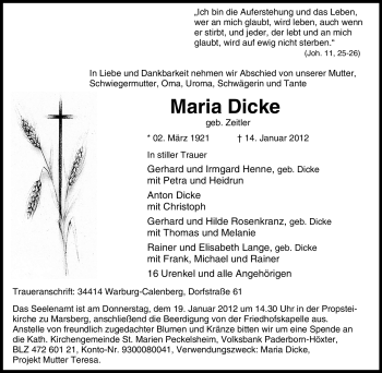 Traueranzeige von Maria Dicke von Tageszeitung
