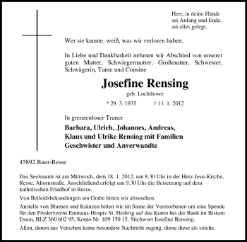 Traueranzeige von Josefine Rensing von Tageszeitung