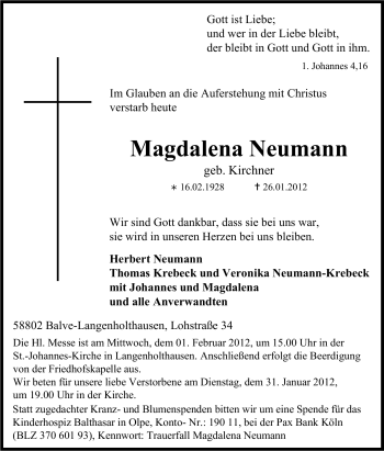 Traueranzeige von Magdalena Neumann von Tageszeitung