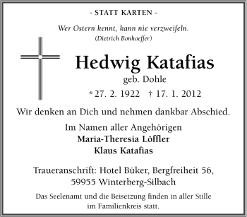 Traueranzeige von Hedwig Katafias von Tageszeitung