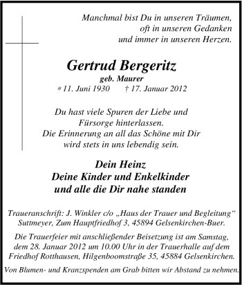 Traueranzeige von Gertrud Bergeritz von Tageszeitung