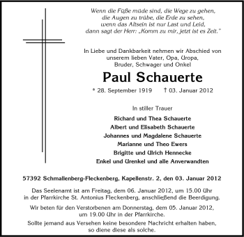 Traueranzeige von Paul Schauerte von Tageszeitung
