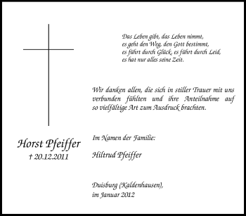 Traueranzeige von Horst Pfeiffer von Tageszeitung