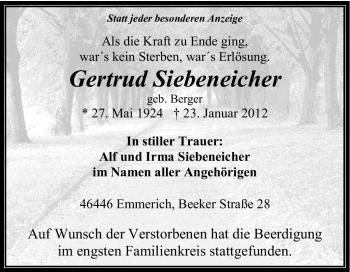 Traueranzeige von Gertrud Siebeneicher von Tageszeitung