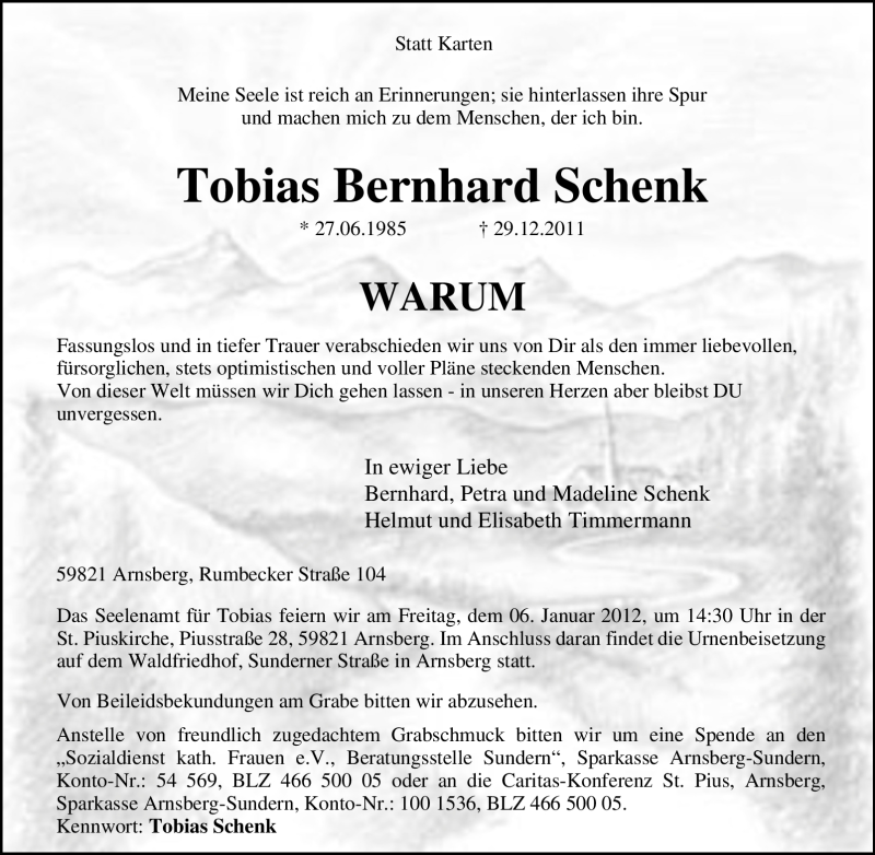  Traueranzeige für Tobias Bernhard Schenk vom 03.01.2012 aus Tageszeitung