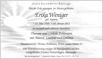 Traueranzeige von Erika Weniger von Tageszeitung