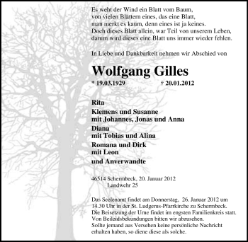 Traueranzeige von Wolfgang Gilles von Tageszeitung