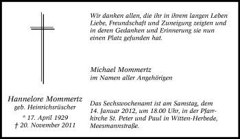 Traueranzeige von Hannelore Mommertz von Tageszeitung