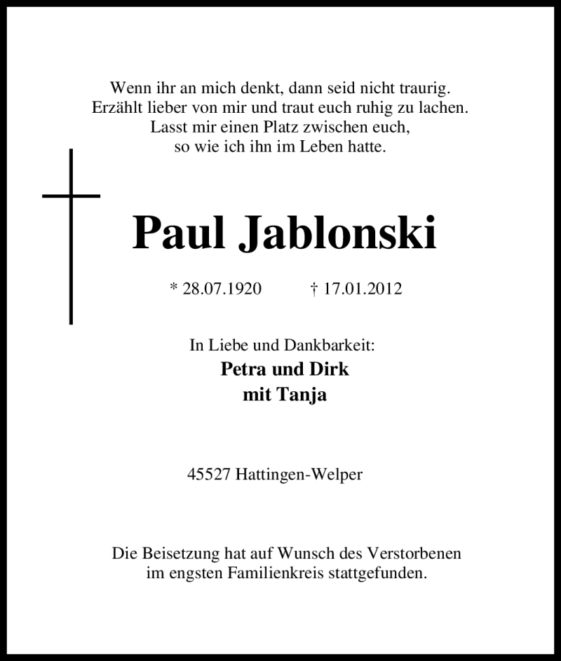  Traueranzeige für Paul Jablonski vom 24.01.2012 aus Tageszeitung