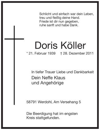 Traueranzeige von Doris Köller von Tageszeitung