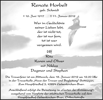 Traueranzeige von Renate Horbelt von Tageszeitung