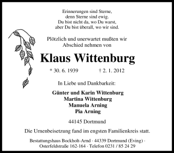 Traueranzeige von Klaus Wittenburg von Tageszeitung