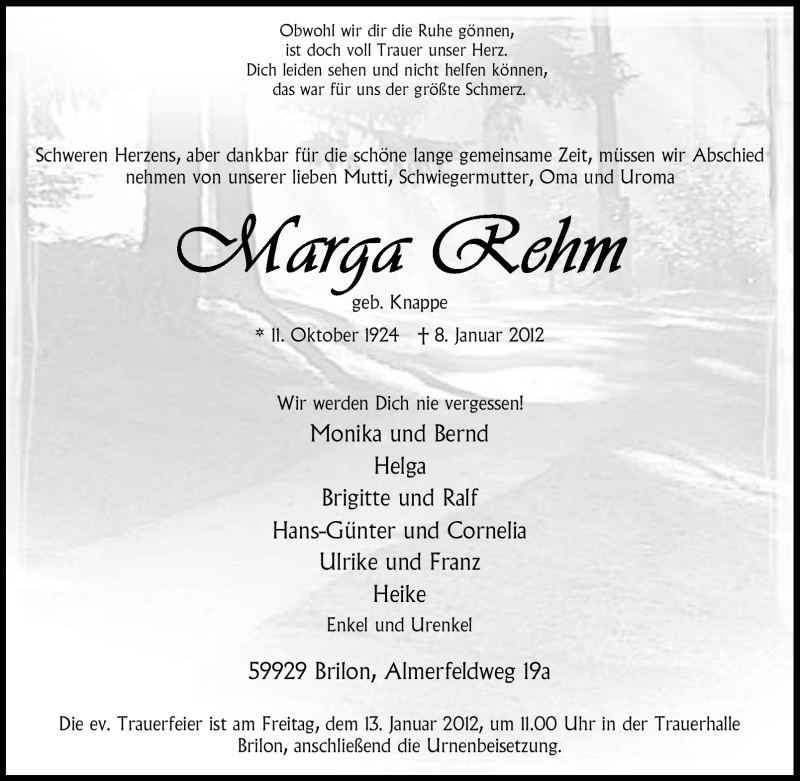  Traueranzeige für Marga Rehm vom 10.01.2012 aus Tageszeitung