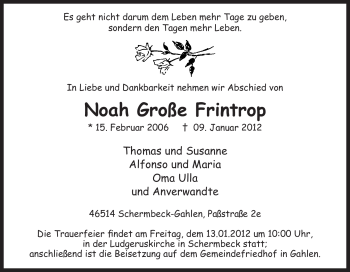 Traueranzeige von Noah Große Frintrop von Tageszeitung