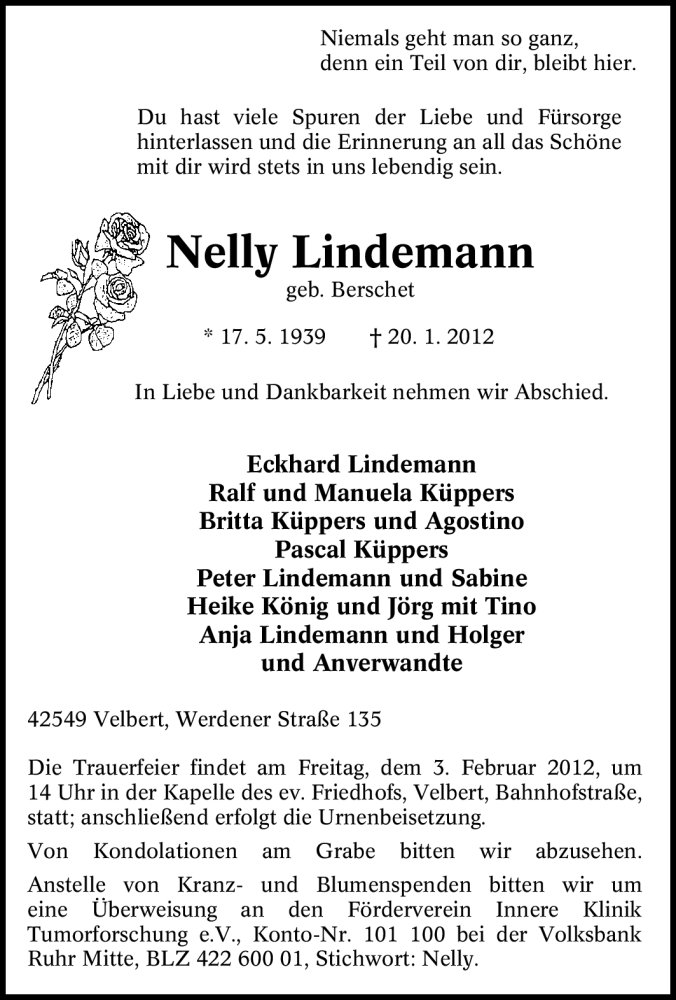  Traueranzeige für Nelly Lindemann vom 28.01.2012 aus Tageszeitung