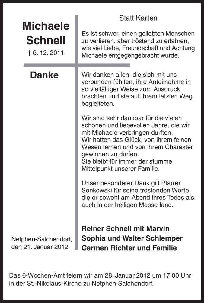  Traueranzeige für Michaele Schnell vom 21.01.2012 aus Tageszeitung