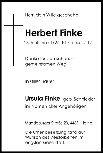 Traueranzeige von Herbert Finke von Tageszeitung