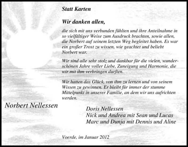  Traueranzeige für Norbert Nellessen vom 21.01.2012 aus Tageszeitung