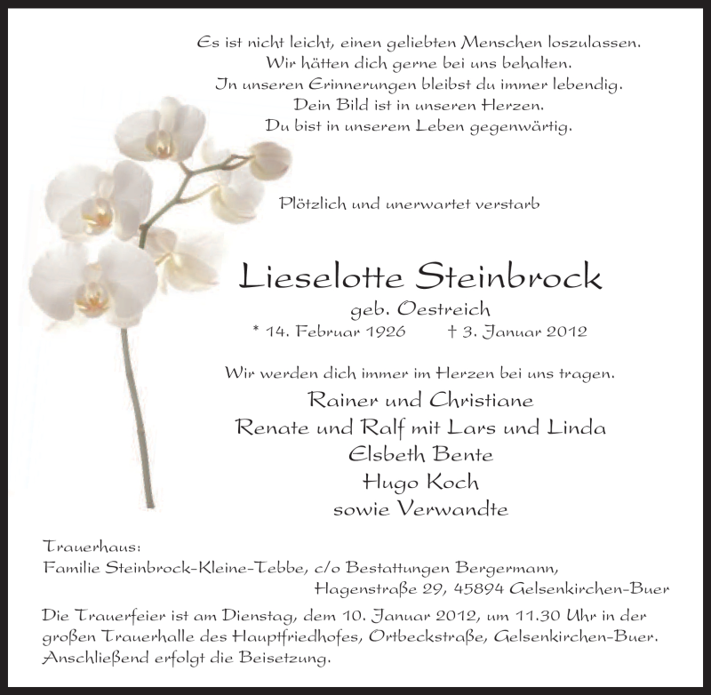  Traueranzeige für Lieselotte Steinbrock vom 06.01.2012 aus Tageszeitung