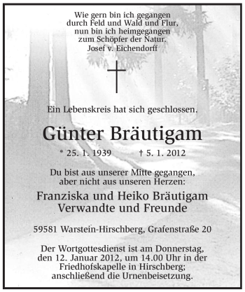Traueranzeige von Günter Bräutigam von Tageszeitung