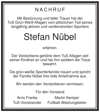 Traueranzeige von Stefan Nübel von Tageszeitung