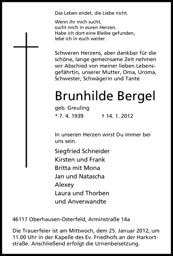 Traueranzeige von Brunhilde Bergel von Tageszeitung