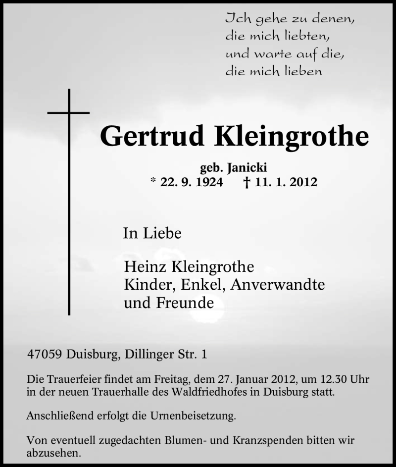  Traueranzeige für Gertrud Kleingrothe vom 18.01.2012 aus Tageszeitung