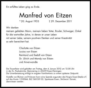 Traueranzeige von Manfred von Eitzen von Tageszeitung