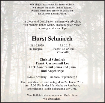 Traueranzeige von Horst Schnürch von Tageszeitung