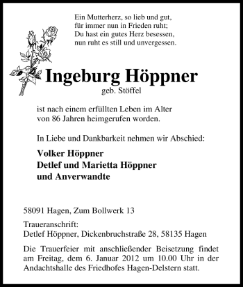 Traueranzeige von Ingeburg Höppner von Tageszeitung