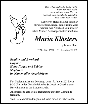 Traueranzeige von Maria Klösters von Tageszeitung