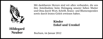 Traueranzeige von Hildegard Neuber von Tageszeitung