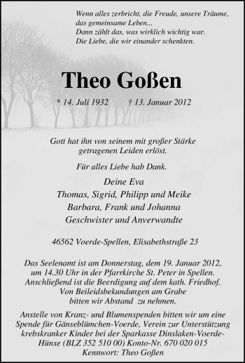 Traueranzeige von Theo Goßen von Tageszeitung