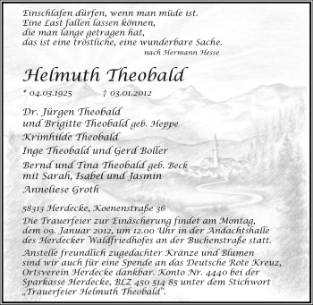 Traueranzeige von Helmuth Theobald von Tageszeitung