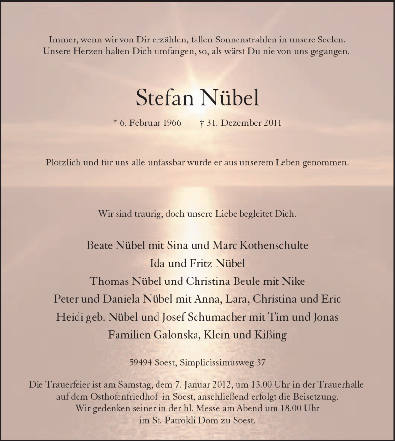  Traueranzeige für Stefan Nübel vom 04.01.2012 aus Tageszeitung