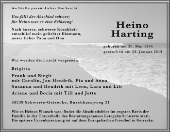 Traueranzeige von Heino Harting von Tageszeitung