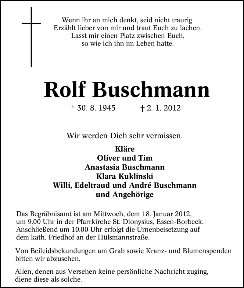  Traueranzeige für Rolf Buschmann vom 12.01.2012 aus Tageszeitung