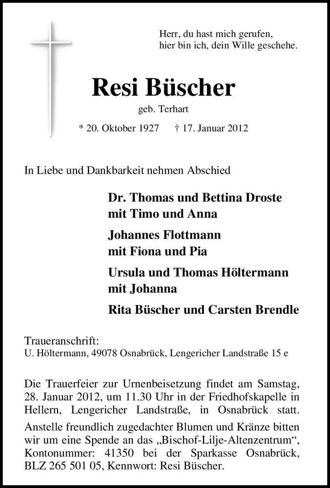  Traueranzeige für Resi Büscher vom 25.01.2012 aus Tageszeitung