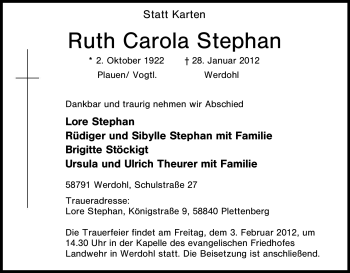 Traueranzeige von Ruth Carola Stephan von Tageszeitung