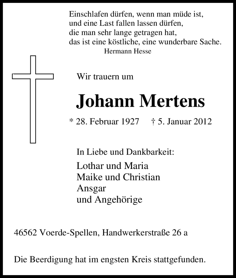  Traueranzeige für Johann Mertens vom 10.01.2012 aus Tageszeitung