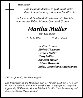 Traueranzeige von Martha Müller von Tageszeitung