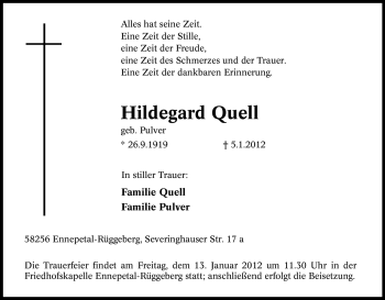 Traueranzeige von Hildegard Quell von Tageszeitung