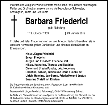 Traueranzeige von Barbara Friederici von Tageszeitung