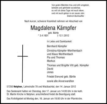 Traueranzeige von Magdalena Kämpfer von Tageszeitung