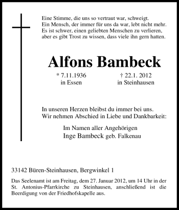 Traueranzeige von Alfons Bambeck von Tageszeitung