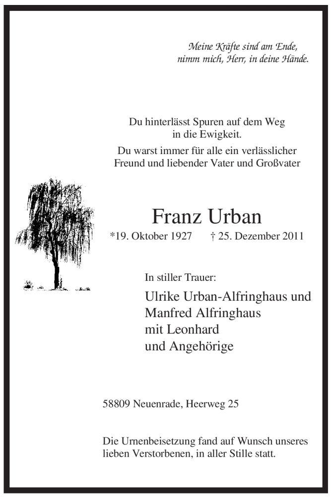 Traueranzeigen Von Franz Urban | Trauer-in-NRW.de