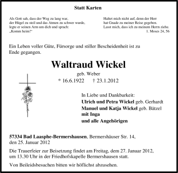 Traueranzeige von Waltraud Wickel von Tageszeitung
